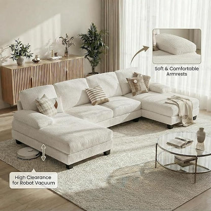 Homall Modular Sectional U Shaped Sofa Couches for Living Room, Comfy Chenille 4 Seat Sofa Set with Removable Pillows, Lounge Chaise Upholstered Couch for Apartment (Corduroy, Beige)