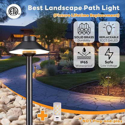 Gardenreet Low Voltage Landscape Path Light Solid Brass, 3 Color Temp Selectable LED Driveway Light Waterproof, Hat Shaped 12V Wired Black for Walkway Garden with 3W 270LM G4 Bulb (12 Pack)