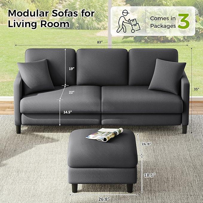 83" Couches for Living Room, Comfy Sofas for Living Room with Storage Ottoman, Teddy Sofa Couch, Tool-Free Loveseat Sofa, All-Wood Love Seat Couches, L Shaped Couch 2 Pillow Included, Grey