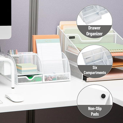 Mind Reader 7-Compartment Desktop Organizer, File & Accessory Storage, Metal Mesh Office Organizer for Desk, Workspace, Mail, White