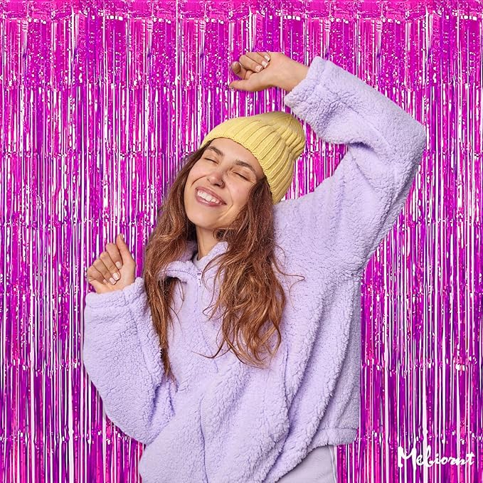 4 Pack Fuchsia Fringe Curtain Backdrop, 3.2Ft x 8.2Ft Metallic Tinsel Foil Fringe Streamers Background for Photo Booth Birthday Wedding Baby Shower Carnival Easter Mother’s Day Party Decorations