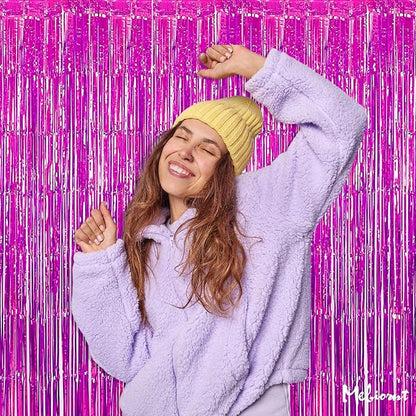 4 Pack Fuchsia Fringe Curtain Backdrop, 3.2Ft x 8.2Ft Metallic Tinsel Foil Fringe Streamers Background for Photo Booth Birthday Wedding Baby Shower Carnival Easter Mother’s Day Party Decorations