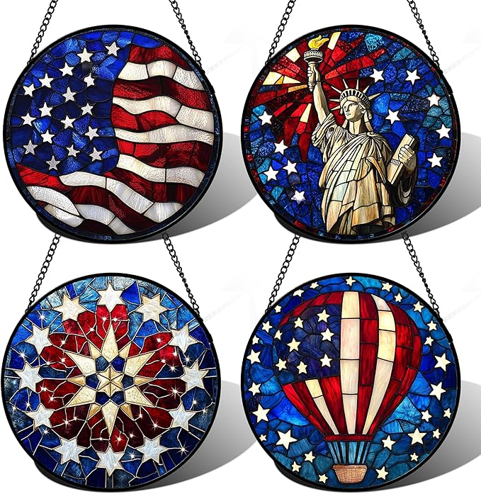 Stained Glass Window Hanging 4 Pcs Set Red Blue Flag Freedom Theme Large 15" - Suncatcher Door Garden Sun Catcher Decor Birthday Christmas for Mom Woman Nana Men Friend