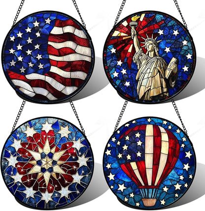 Stained Glass Window Hanging 4 Pcs Set Red Blue Flag Freedom Theme Large 11.8" - Suncatcher Door Garden Sun Catcher Decor Birthday Christmas for Mom Woman Nana Men Friend
