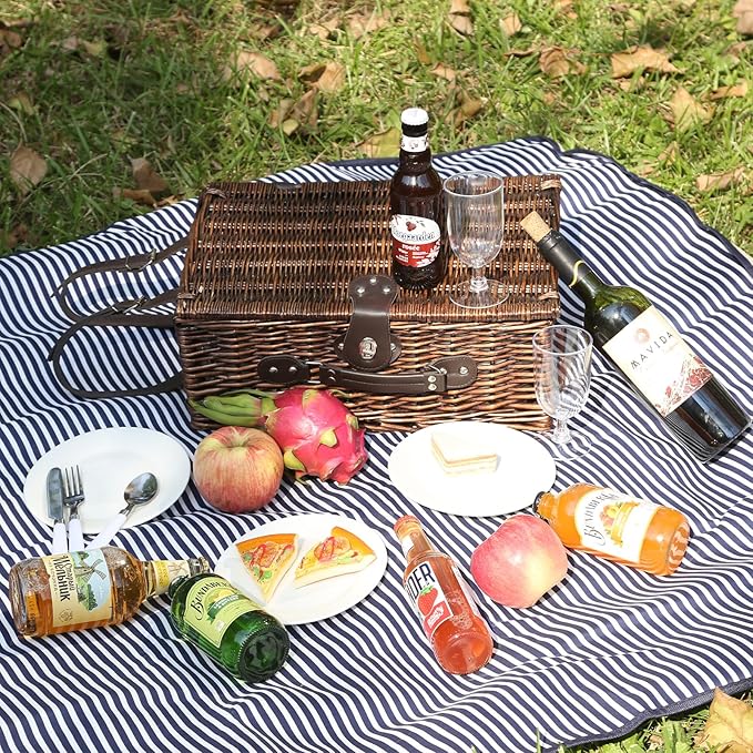 Picnic Basket for 4 Persons with Waterproof Picnic Blanket and Insulated Cooler, Large Wicker Picnic Basket for Camping, Outdoors, Valentine's Day, Christmas, Birthday, Wedding Gift