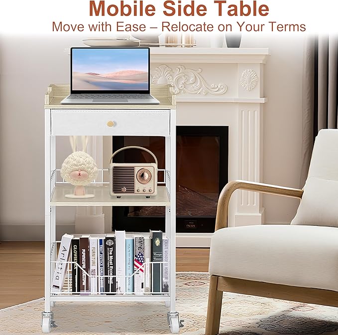 4-Tier Small Side Table with Storage Drawer, Tall Nightstand with Wheels & Basket, Rolling Bathroom Table for Small Spaces, Bedroom, Living Room, Dorm, White and Natural