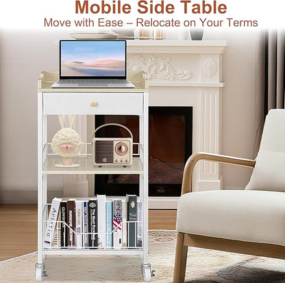 4-Tier Small Side Table with Storage Drawer, Tall Nightstand with Wheels & Basket, Rolling Bathroom Table for Small Spaces, Bedroom, Living Room, Dorm, White and Natural