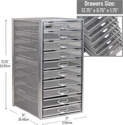 Mind Reader 10-Drawer Desk Organizer for Office Supplies, Crafts, Mail Sorting & More, Metal Mesh, 10.75"L x 14"W x 21.25"H, Silver