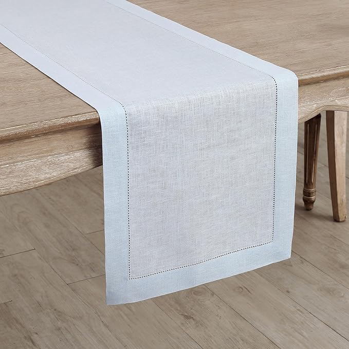 Solino Home Linen Light Blue Table Runner 144 Inches Long - 100% Pure Linen Extra Long Table Runner 14 x 144 Inch for Winter, Christmas, New Year - Classic Hemstitch