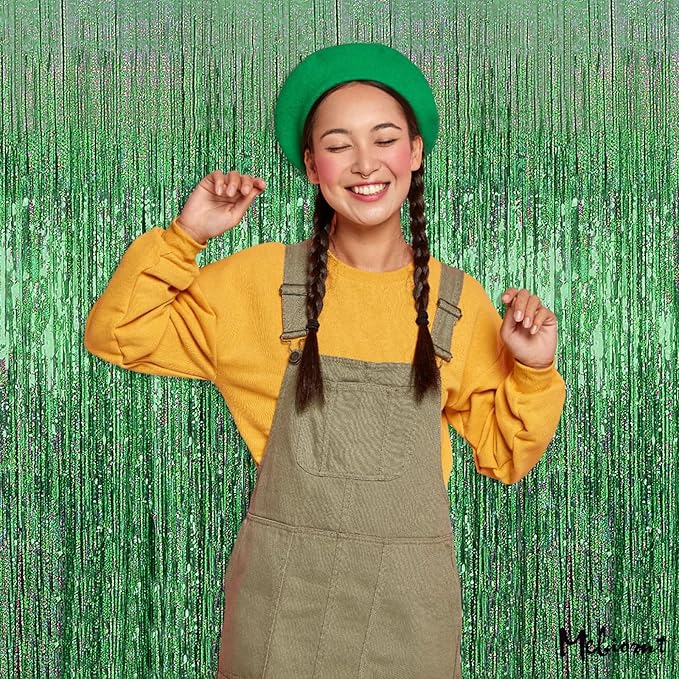 4 Pack Light Green Fringe Curtain Backdrop, 3.2Ft x 8.2Ft Sparkle Metallic Tinsel Foil Fringe Streamers Background for Photo Booth Birthday Wedding Baby Shower Party Thanksgiving Christmas Decorations