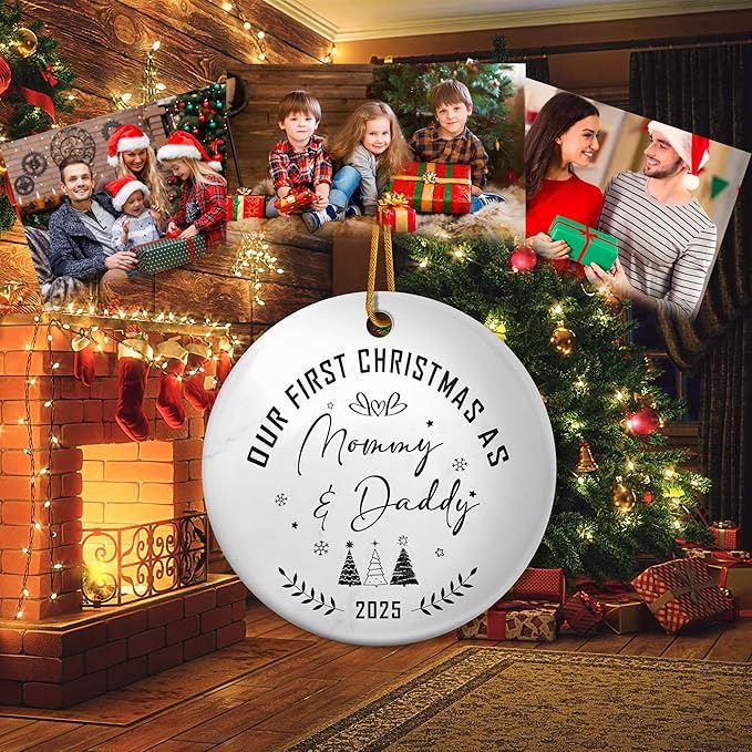 Our First Christmas As Mom & Dad Ornament 2025,Celebrate Baby's First Christmas Ornament,New Parents Promoted to Mommy Daddy Gifts,Family of Three Ornament for Mom Dad Newborn Xmas Gifts Decorations