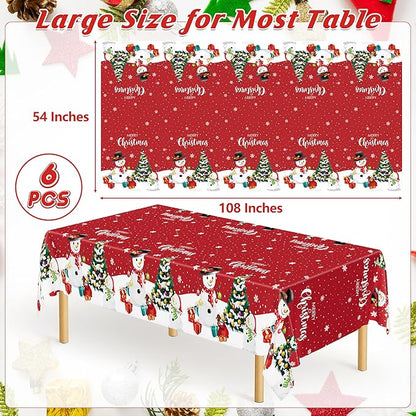 QZYL 6 Pack Christmas Tablecloths, 54" x 108" Holiday Rectangle Tablecloth, Snowman Design Holiday Plastic Table Cloth Disposable Tablecover, Christmas Party Supplies Xmas Home Decor