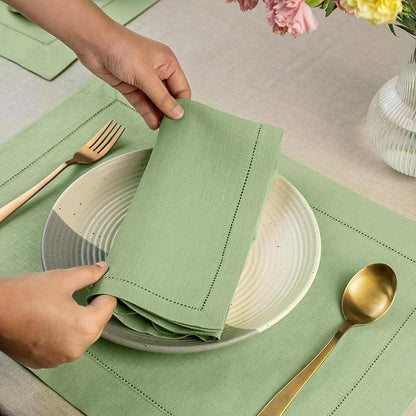 D'Moksha Homes Sage Green Linen Napkins Set of 4 - Classic Hemstitch 100% Pure Linen Hemstitch Dinner Napkins 20 x 20 Inch for Winter, Christmas, Holiday - Handcrafted and Machine Washable