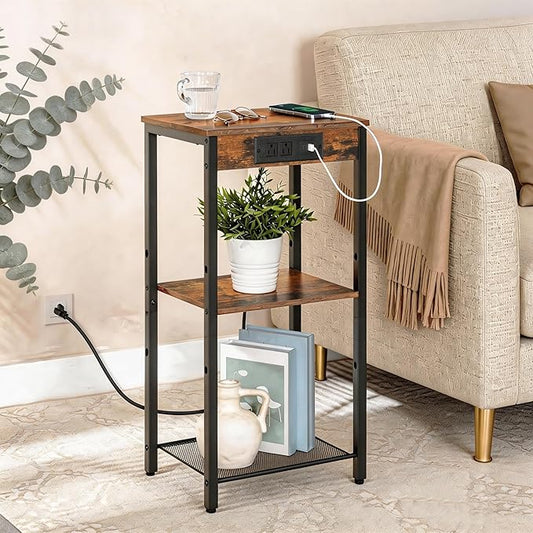 HOOBRO Tall End Table with Charging Station, 30 Inch Slim Tall Nightstand, 3-Tier Narrow Side Table with Adjustable Shelf, for Living Room, Bedroom, Small Space, Hallway, Rustic Brown BF09UDH01G1