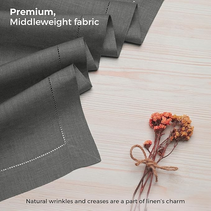 D'Moksha Homes Linen Charcoal Grey Table Runner 120 Inches Long - 100% Pure Linen Hemstitch 14 x 120 Inch Table Runner for Dining, Winter, Christmas, Holiday - Classic Hemstitch