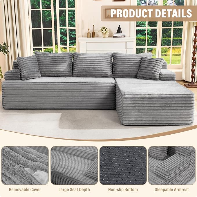 Hobestluk Modular Sectional Sofa Couches L-Shape Couch 3 Seat Modular Sofa Memory Foam Sectional Couches for Living Room, Cloud Couch with Oversized Chaise (Right Facing)