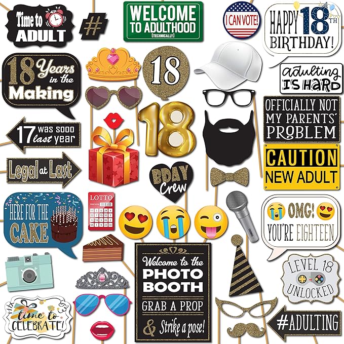 18th Birthday Photo Booth Props - 41-pc Photobooth Kit with 8 x 10-Inch Sign, 60 Adhesive Pads, 45 Sticks - 18th Birthday Decorations for Girls and Boys - 18 Photo Booth Props