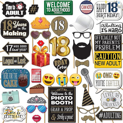 18th Birthday Photo Booth Props - 41-pc Photobooth Kit with 8 x 10-Inch Sign, 60 Adhesive Pads, 45 Sticks - 18th Birthday Decorations for Girls and Boys - 18 Photo Booth Props