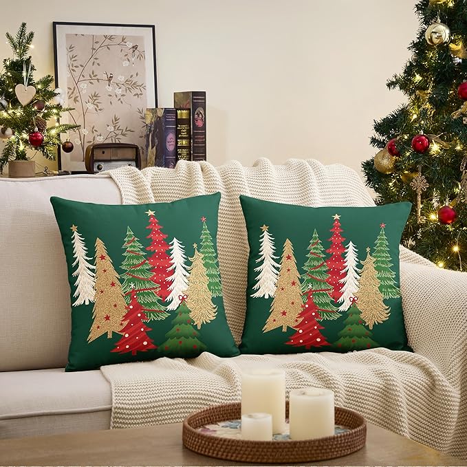 Christmas Pillow Covers 18x18 Inch Set of 2 Green Decorative Christmas Tree Throw Pillows Linen Winter Holiday Decor for Home Sofa Couch Bed Chair