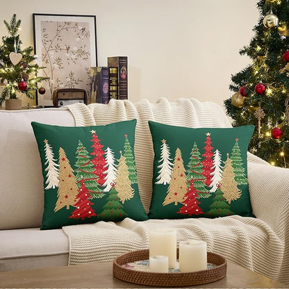 Christmas Pillow Covers 18x18 Inch Set of 2 Green Decorative Christmas Tree Throw Pillows Linen Winter Holiday Decor for Home Sofa Couch Bed Chair