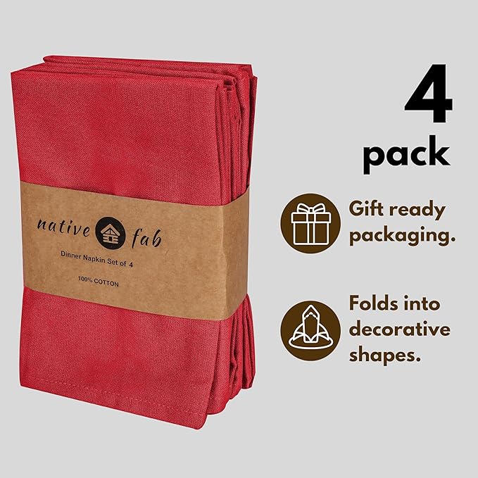 Native Fab Solid Cloth Napkin Set of 4, 100% Cotton, Washable, Reusable Dinner Cloth Napkin 17x17 inches, Table Decor Napkins for Dinner, Events, Red