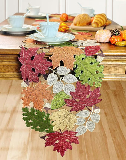 KEVA Fall Table Runner 108inches Long, Thanksgiving Harvest Cutwork Embroidered Table Runner 13in x 108in, Autumn Maple Leaves Table Decoration for Home Dining Kitchen Table