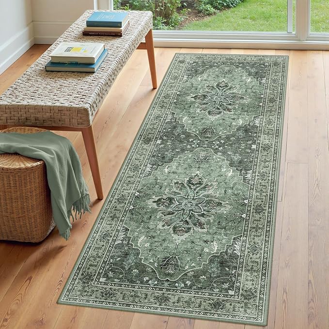 Area Rugs 3'x8' Runner Rug Non Slip Washable for Kitchen Hallway Bedroom Beside Laundry Room Bathroom Rug, Floor Carpet, Dark Green Gray