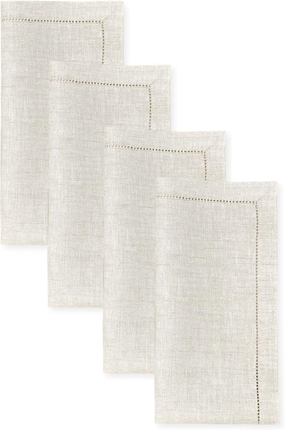D'Moksha Homes Light Natural Linen Napkins Set of 4 - Classic Hemstitch 100% Pure Linen Hemstitch Dinner Napkins 20 x 20 Inch for Christmas, Holiday - Handcrafted and Machine Washable