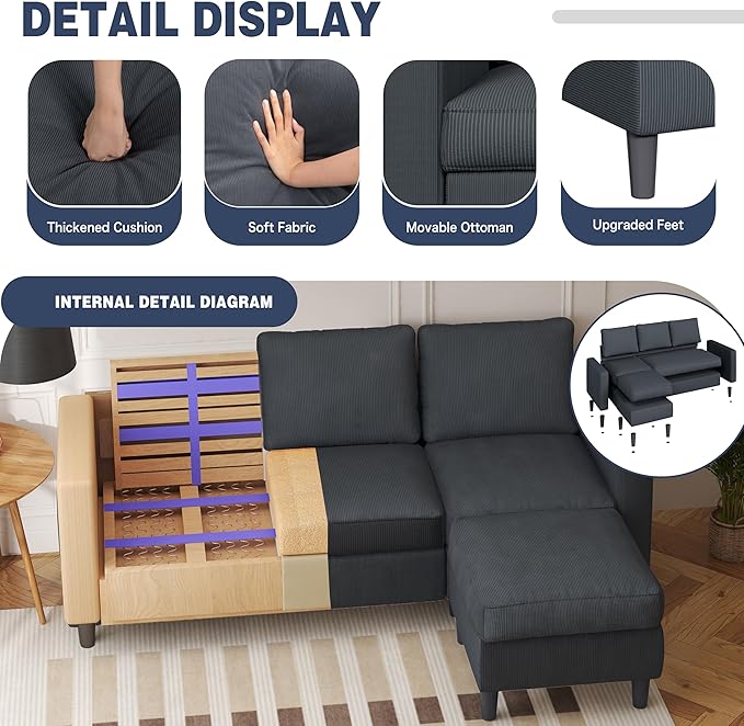 Shintenchi Modern Upholstered Sectional Sofa, L-Shaped Couch with Reversible Chaise for Living Room, New Corduroy Fabric