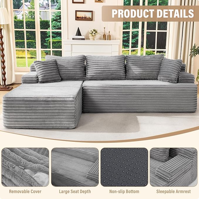 Hobestluk Modular Sectional Sofa Couches L-Shape Couch 3 Seat Modular Sofa Memory Foam Sectional Couches for Living Room, Cloud Couch with Oversized Chaise (Left Facing)