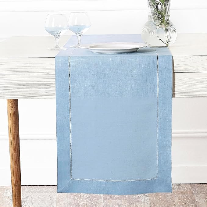 D'Moksha Homes Linen Powder Blue Table Runner 48 Inches - Classic Hemstitch, 100% Pure Linen Coffee Table Runner 14 x 48 Inch Ideal for Dresser Tables - Winter, Christmas, Holiday