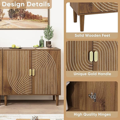 Smuxee Walnut Sideboard Cabinet, Freestanding Buffet Cabinet with Line Groove Design, Wood Storage Cabinet with Adjustable Shelf for Living Room, Entryway, Hallway