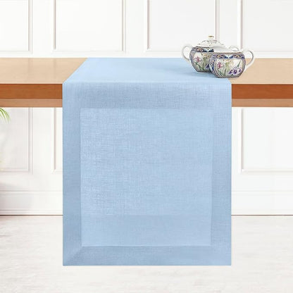 D'Moksha Homes Linen Powder Blue Table Runner 108 Inches Long - 100% Pure Linen Dining Table Runner 14 x 108 Inch for Winter, Christmas, Holiday - Machine Washable