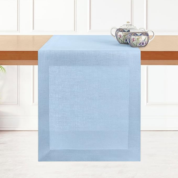 D'Moksha Homes Linen Table Runner 36 Inches - 100% Pure Linen Powder Blue Small Table Runner 14 x 36 Inch for Dresser, Coffee Tables, Winter, Christmas, Holiday-Machine Washable