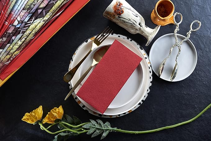 Red Paper Napkins | Linen Feel Guest Disposable Cloth Like Dinner Napkins | Hand Towels | Soft, Absorbent, Paper Hand Napkins for Kitchen, Bathroom, Parties, Weddings, Dinners | 50 Pack