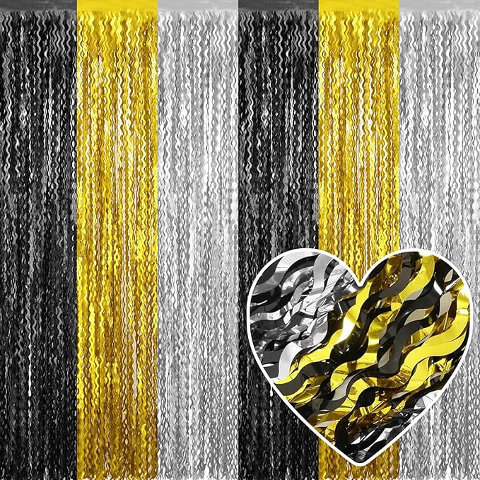 4 Pack Black Gold Silver Fringe Curtain Backdrop 3.2Ft x 8.2Ft Metallic Tinsel Foil Fringe Streamers Background for Photo Booth Mother's Day, Easter, Carnival, Birthday, Wedding Party Decoration