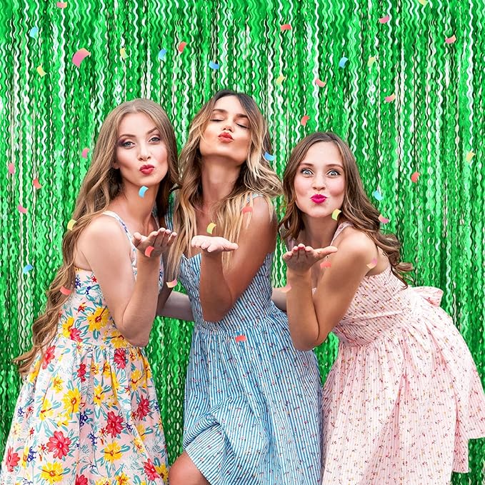 4 Pack Green Fringe Curtain Backdrop 3.2Ft x 8.2Ft Metallic Tinsel Foil Fringe Streamers Background for Photo Booth Mother's Day, Easter, Carnival, Birthday, Wedding Party Decoration