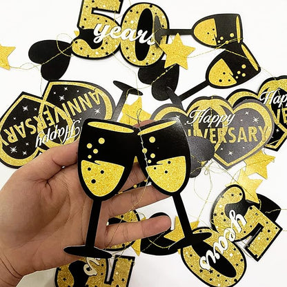 52 Ft Black Gold Happy Anniversary 50 years Heart Garland Streamer Twinkle Star Heart Cheers Number Fifty Hanging Paper Banner Backdrop for Fiftieth 50th Wedding Anniversary Party Decorations Supplies
