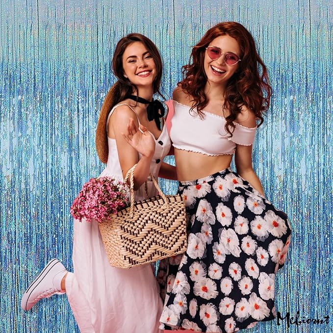 4 Pack Light Blue Fringe Curtain Backdrop, 3.2Ft x 8.2Ft Sparkle Metallic Tinsel Foil Fringe Streamers Background for Photo Booth Birthday Wedding Baby Shower Party Thanksgiving Christmas Decorations