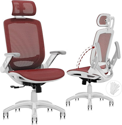 GABRYLLY Ergonomic Office Chair, High Back Home Desk Chair with Headrest, Flip-Up Arms, 90-120° Tilt Lock and Wide Cushion, 300LBS Mesh Chairs for Man Woman, White Task Chair(Red,GY01WR)