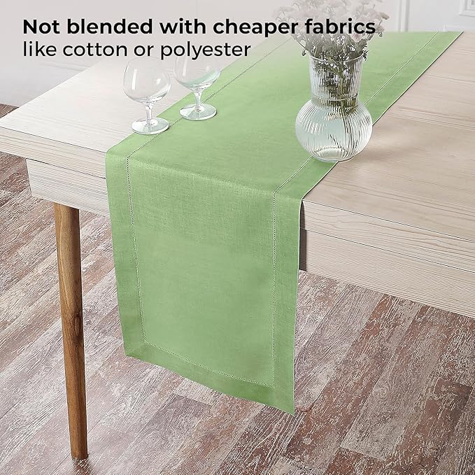 D'Moksha Homes Linen Sage Green Table Runner 72 Inches Long - 100% Pure Linen Hemstitch Table Runner 14 x 72 Inch for Dresser, Dining, Winter, Christmas, Holiday - Classic Hemstitch