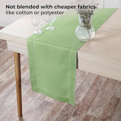 D'Moksha Homes Linen Sage Green Table Runner 72 Inches Long - 100% Pure Linen Hemstitch Table Runner 14 x 72 Inch for Dresser, Dining, Winter, Christmas, Holiday - Classic Hemstitch