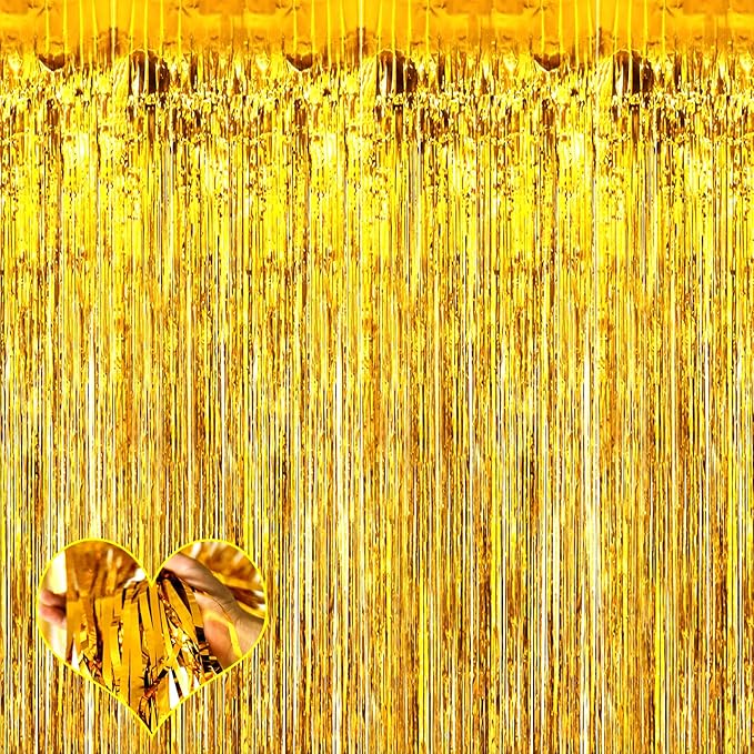 4 Pack 2024 New Year Fringe Curtain Backdrop, 3.2Ft x 8.2Ft Metallic Tinsel Foil Fringe Streamers Background for Photo Booth Birthday Wedding Baby Shower Carnival Easter Party Decorations Gold