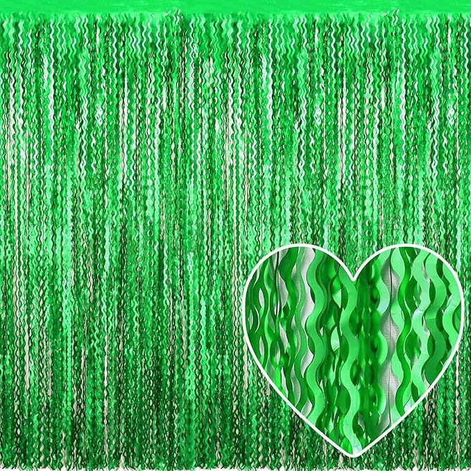 4 Pack Green Fringe Curtain Backdrop 3.2Ft x 8.2Ft Metallic Tinsel Foil Fringe Streamers Background for Photo Booth Mother's Day, Easter, Carnival, Birthday, Wedding Party Decoration