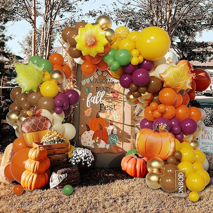 Fall Harvest Thanksgiving Balloon Arch Kit,144Pcs Burnt Orange Yellow Sage Green Brown Balloon Garland with Maple Leaves,Acorn,Pumpkin,Sunflower Foil Balloons for Friendsgiving Autumn Party Decoration