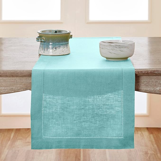 Solino Home Linen Aqua Blue Table Runner 108 Inches Long - 100% Pure Linen Hemstitch 14 x 108 Inch Table Runner for Dining, New Year - Classic Hemstitch
