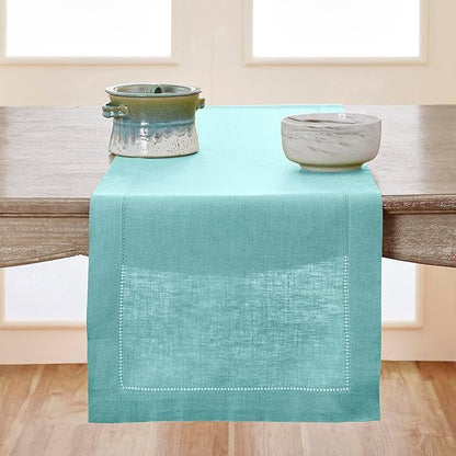 Solino Home Linen Aqua Blue Table Runner 108 Inches Long - 100% Pure Linen Hemstitch 14 x 108 Inch Table Runner for Dining, New Year - Classic Hemstitch