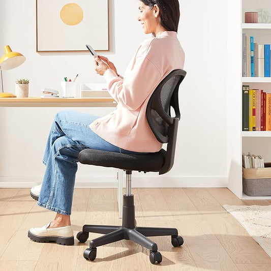 Amazon Basics Low Back Office Chair, Breathable Mesh, Height Adjustable, Padded Seat, Rolling Wheels, Swivel, Back Support, Sturdy, 21.25" D x 22.5" W x 38" H, Black