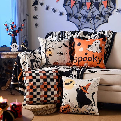 Halloween Ghost Pillow Covers 18x18 Inch,Set of 4 Vintage Halloween Decor Indoor Outdoor Throw Pillow Covers, Trick or Treat Orange Black Linen Cushion Case for Home Sofa Couch Bedroom Chair