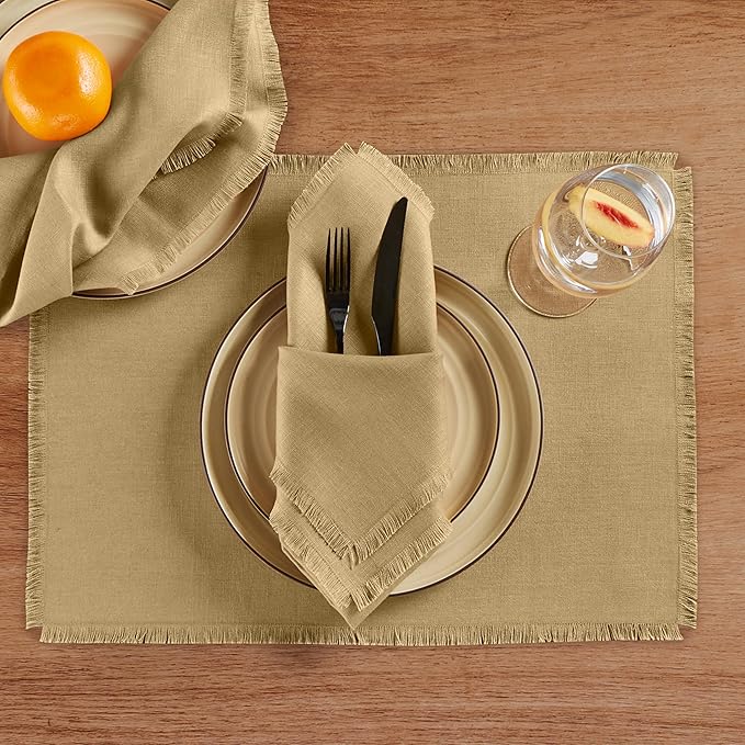 Solino Home Fringe Linen Placemats Set of 4 - 14 x 19 Inch Placemats Kelp - 100% Pure Linen Table Mats for Fall, Autumn, Christmas, Holiday, New Year - Handcrafted and Machine Washable